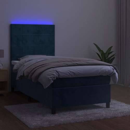 Krevet box spring s madracem LED tamnoplavi 90x200 cm baršun - Tamno plava 90 x 200 cm Blok s kvadratima Cijena