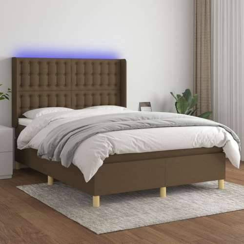 Krevet box spring s madracem LED tamnosmeđi 140x200 cm tkanina - Tamno smeđa 140 x 200 cm gumbi Cijena