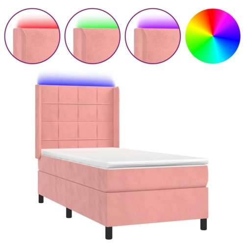 Krevet box spring s madracem LED ružičasti 90x190 cm baršunasti - Ružičasta 90 x 190 cm Blok s kvadratima Cijena
