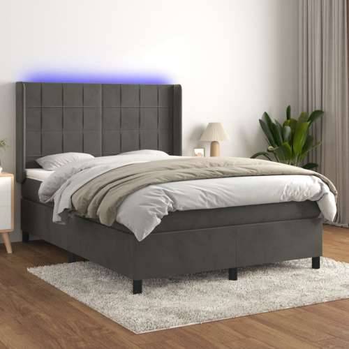 Krevet box spring s madracem LED tamnosivi 140x200 cm baršun - Tamno siva 140 x 200 cm Blok s kvadratima Cijena