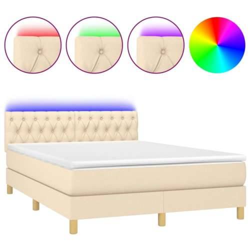 Krevet box spring s madracem LED krem 140x200 cm od tkanine - Krema 140 x 200 cm Dizajn s gumbima Cijena