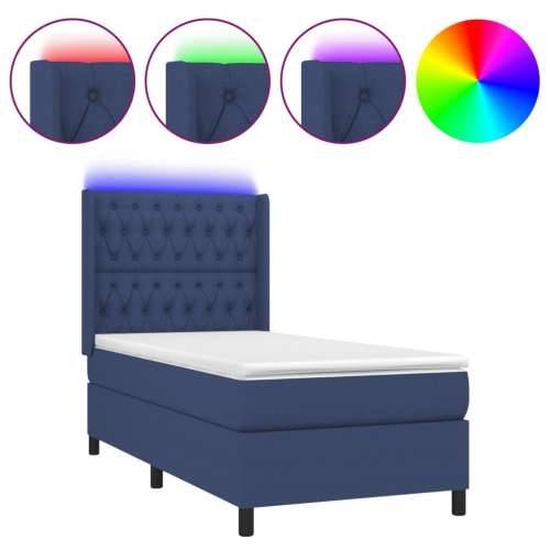 Krevet box spring s madracem LED plavi 90x190 cm od tkanine - Plava 90 x 190 cm Dizajn s gumbima Cijena