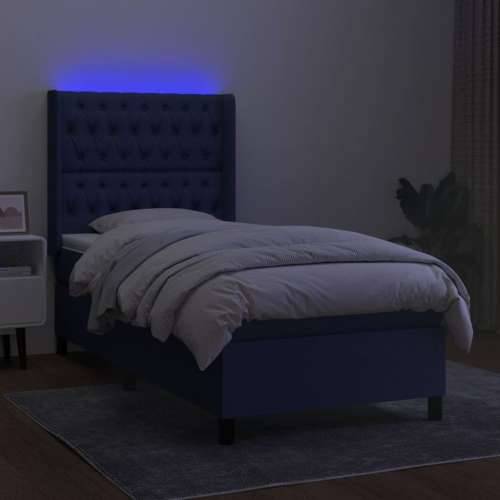 Krevet box spring s madracem LED plavi 90x190 cm od tkanine - Plava 90 x 190 cm Dizajn s gumbima Cijena