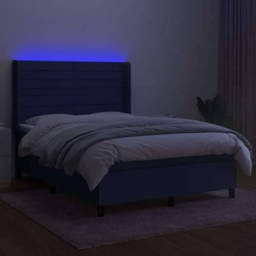 Krevet box spring s madracem LED plavi 140x190 cm od tkanine - Plava 140 x 190 cm vodoravne pruge Cijena