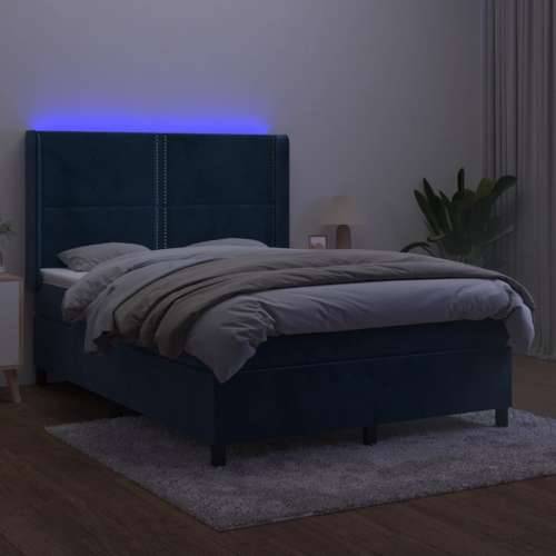 Krevet box spring s madracem LED tamnoplavi 140x200 cm baršun - Tamno plava 140 x 200 cm Obično s čavlima Cijena