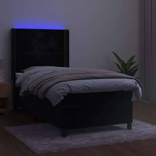 Krevet box spring s madracem LED crni 90x190 cm baršun - Crna 90 x 190 cm Obično s čavlima Cijena