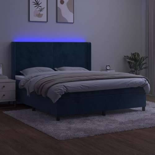Krevet box spring s madracem LED tamnoplavi 180x200 cm baršun - Tamno plava 180 x 200 cm Gladak dizajn Cijena