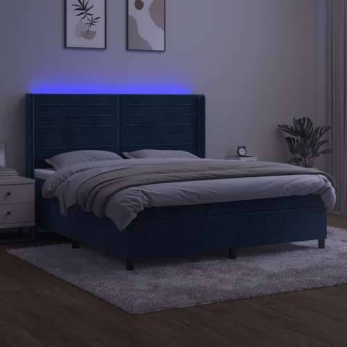 Krevet box spring s madracem LED tamnoplavi 160x200 cm baršun - Tamno plava 160 x 200 cm vodoravne pruge Cijena