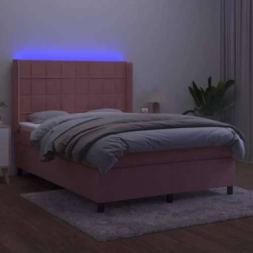 Krevet box spring s madracem LED ružičasti 140x190cm baršunasti - Ružičasta 140 x 190 cm Blok s kvadratima Cijena