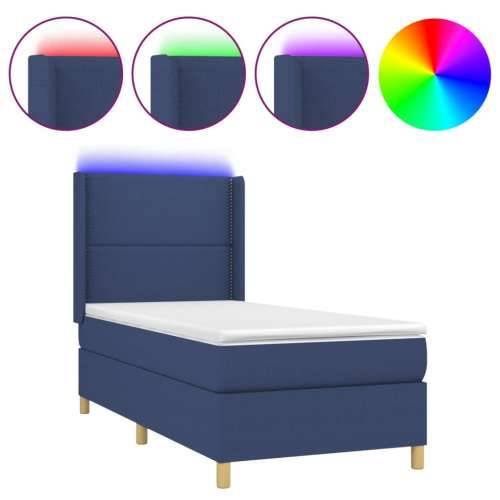 Krevet box spring s madracem LED plavi 90x190 cm od tkanine - Plava 90 x 190 cm Obično s čavlima Cijena