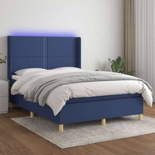 Krevet box spring s madracem LED plavi 140x200 cm od tkanine - Plava 140 x 200 cm Obično s čavlima Cijena