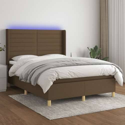 Krevet box spring s madracem LED tamnosmeđi 140x200 cm tkanina - Tamno smeđa 140 x 200 cm vodoravne pruge Cijena