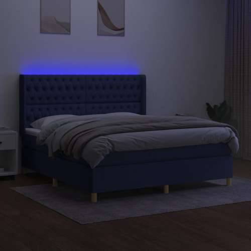 Krevet box spring s madracem LED plavi 160x200 cm od tkanine - Plava 160 x 200 cm Dizajn s gumbima Cijena