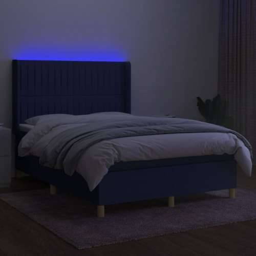 Krevet box spring s madracem LED plavi 140x200 cm od tkanine - Plava 140 x 200 cm Okomite pruge Cijena