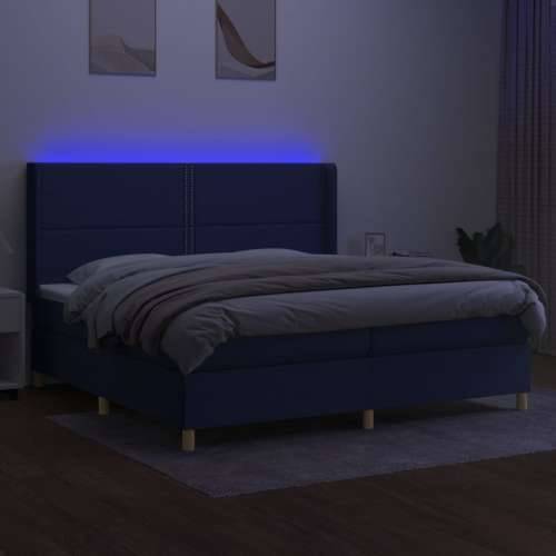 Krevet box spring s madracem LED plavi 200x200 cm od tkanine - Plava 200 x 200 cm Obično s čavlima Cijena