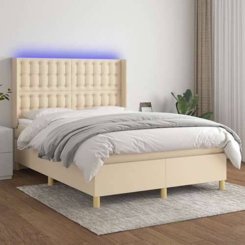 Krevet box spring s madracem LED krem 140x190 cm od tkanine - Krema 140 x 190 cm gumbi Cijena