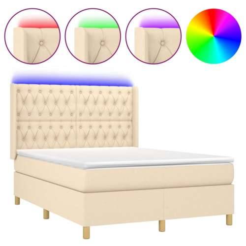 Krevet box spring s madracem LED krem 140x190 cm od tkanine - Krema 140 x 190 cm Dizajn s gumbima Cijena