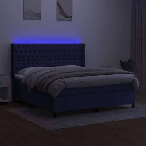 Krevet box spring s madracem LED plavi 160x200 cm od tkanine - Plava 160 x 200 cm Dizajn s gumbima Cijena