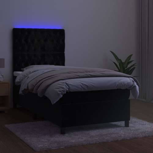 Krevet box spring s madracem LED crni 90x190 cm baršun - Crna 90 x 190 cm Dizajn s gumbima Cijena