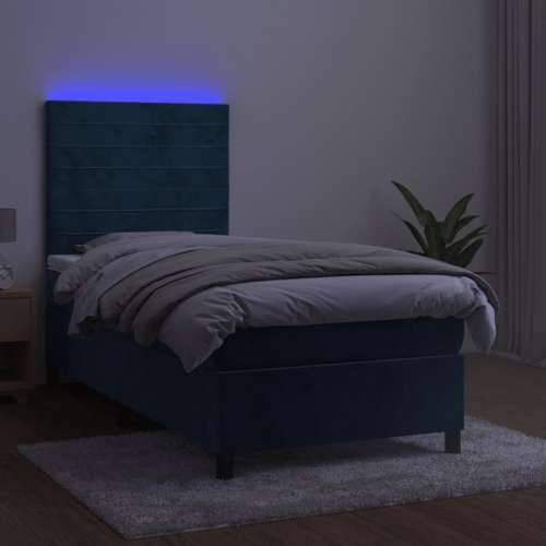Krevet box spring s madracem LED tamnoplavi 100x200 cm baršun - Tamno plava 100 x 200 cm vodoravne pruge Cijena