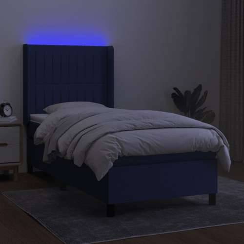 Krevet box spring s madracem LED plavi 90x190 cm od tkanine - Plava 90 x 190 cm Okomite pruge Cijena
