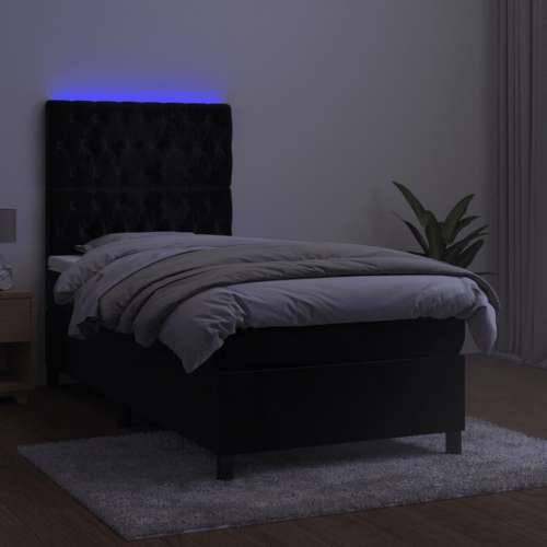 Krevet box spring s madracem LED crni 90x200 cm baršun - Crna 90 x 200 cm Dizajn s gumbima Cijena