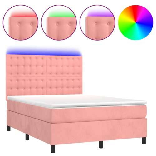 Krevet box spring s madracem LED ružičasti 140x190cm baršunasti - Ružičasta 140 x 190 cm gumbi Cijena