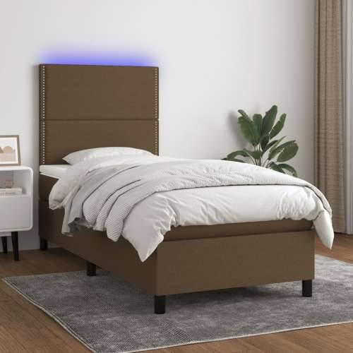 Krevet box spring s madracem LED tamnosmeđi 100x200 cm tkanina - Tamno smeđa 100 x 200 cm Obično s čavlima Cijena