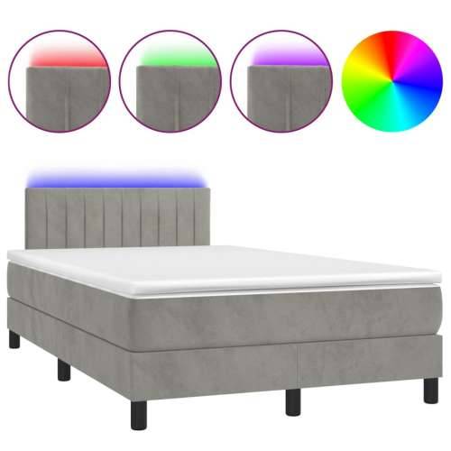 Krevet box spring s madracem LED svjetlosivi 120x200 cm baršun - Svjetlosiva 120 x 200 cm Okomite pruge Cijena