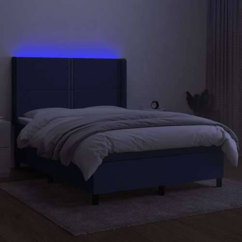 Krevet box spring s madracem LED plavi 140x190 cm od tkanine - Plava 140 x 190 cm Obično s čavlima Cijena