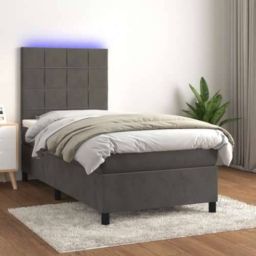 Krevet box spring s madracem LED tamnosivi 90x190 cm baršun - Tamno siva 90 x 190 cm Blok s kvadratima Cijena