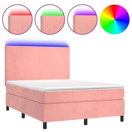 Krevet box spring s madracem LED ružičasti 140x200cm baršunasti - Ružičasta 140 x 200 cm Gladak dizajn Cijena