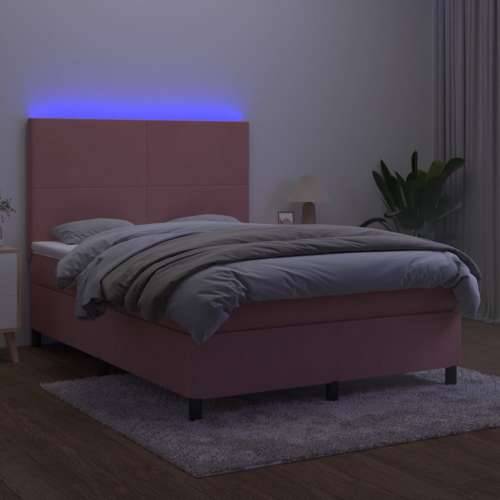 Krevet box spring s madracem LED ružičasti 140x200cm baršunasti - Ružičasta 140 x 200 cm Gladak dizajn Cijena