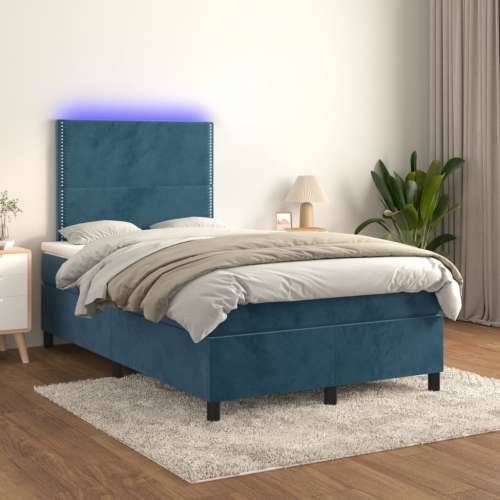 Krevet box spring s madracem LED tamnoplavi 120x200 cm baršun - Tamno plava 120 x 200 cm Obično s čavlima Cijena