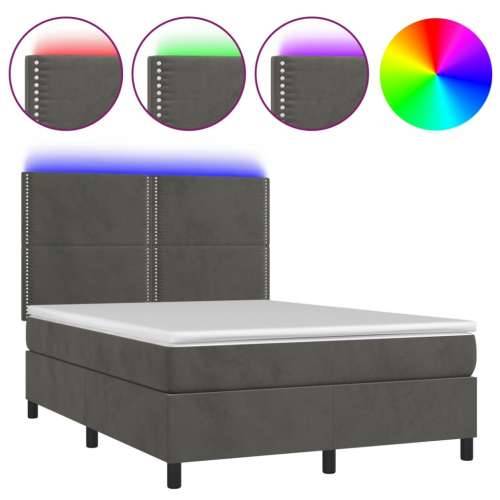 Krevet box spring s madracem LED tamnosivi 140x200 cm baršun - Tamno siva 140 x 200 cm Obično s čavlima Cijena