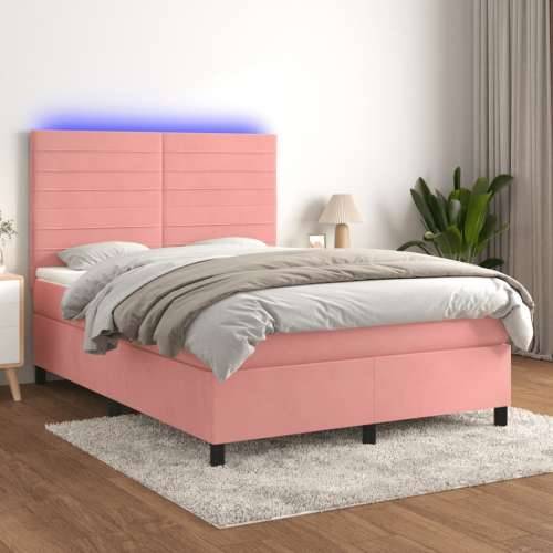 Krevet box spring s madracem LED ružičasti 140x190cm baršunasti - Ružičasta 140 x 190 cm vodoravne pruge Cijena