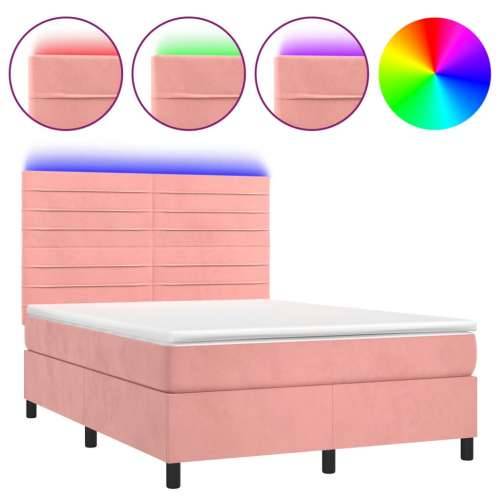 Krevet box spring s madracem LED ružičasti 140x190cm baršunasti - Ružičasta 140 x 190 cm vodoravne pruge Cijena