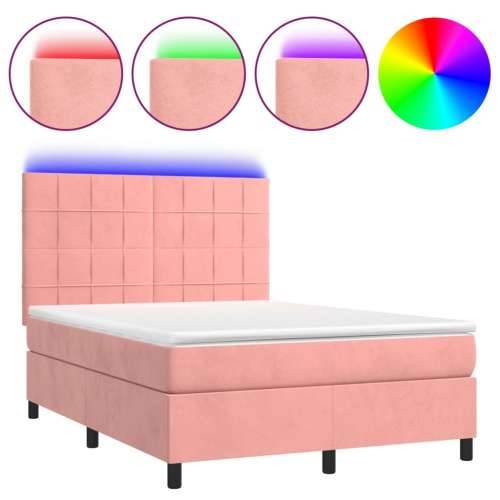 Krevet box spring s madracem LED ružičasti 140x200cm baršunasti - Ružičasta 140 x 200 cm Blok s kvadratima Cijena