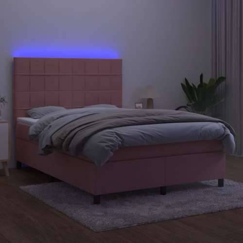 Krevet box spring s madracem LED ružičasti 140x200cm baršunasti - Ružičasta 140 x 200 cm Blok s kvadratima Cijena