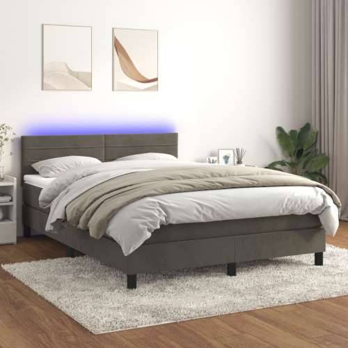 Krevet box spring s madracem LED tamnosivi 140x200 cm baršun - Tamno siva 140 x 200 cm vodoravne pruge Cijena