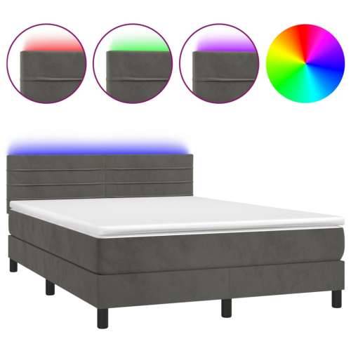 Krevet box spring s madracem LED tamnosivi 140x200 cm baršun - Tamno siva 140 x 200 cm vodoravne pruge Cijena