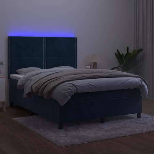 Krevet box spring s madracem LED tamnoplavi 140x200 cm baršun - Tamno plava 140 x 200 cm Obično s čavlima Cijena