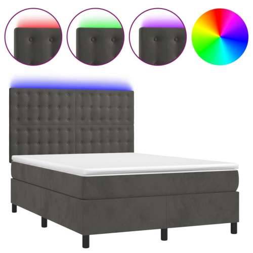 Krevet box spring s madracem LED tamnosivi 140x200 cm baršun - Tamno siva 140 x 200 cm gumbi Cijena