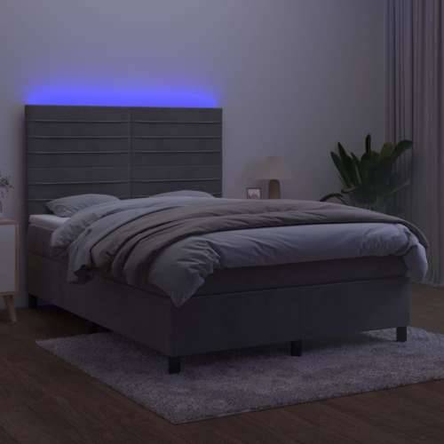 Krevet box spring s madracem LED svjetlosivi 140x190 cm baršun - Svjetlosiva 140 x 190 cm vodoravne pruge Cijena