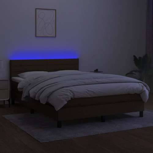 Krevet box spring s madracem LED tamnosmeđi 140x200 cm tkanina - Tamno smeđa 140 x 200 cm vodoravne pruge Cijena