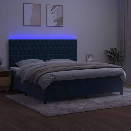 Krevet box spring s madracem LED tamnoplavi 200x200 cm baršun - Tamno plava 200 x 200 cm Dizajn s gumbima Cijena
