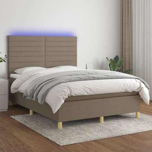 Krevet box spring s madracem LED smeđesivi 140x200 cm tkanina - Sivo-smeđa 140 x 200 cm vodoravne pruge Cijena