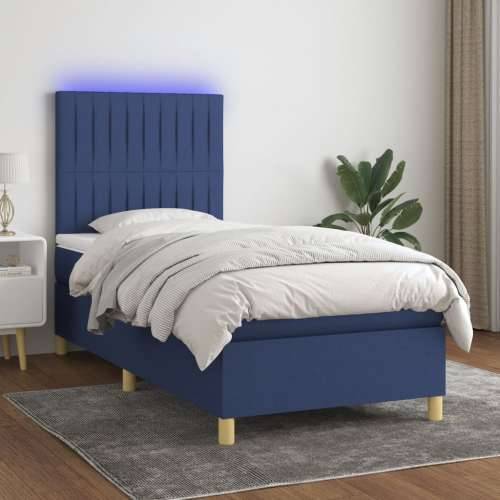 Krevet box spring s madracem LED plavi 90x200 cm od tkanine - Plava 90 x 200 cm Okomite pruge Cijena