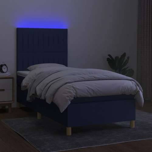 Krevet box spring s madracem LED plavi 90x200 cm od tkanine - Plava 90 x 200 cm Okomite pruge Cijena