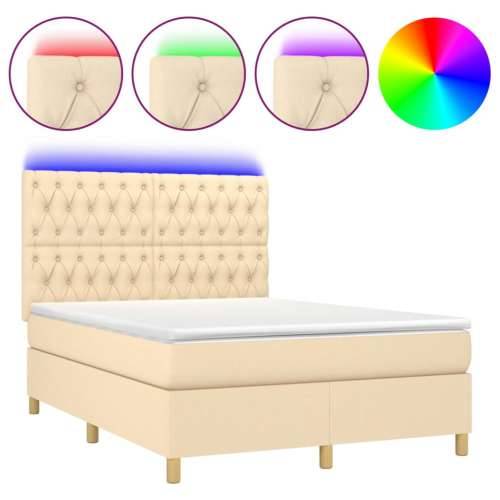 Krevet box spring s madracem LED krem 140x190 cm od tkanine - Krema 140 x 190 cm Dizajn s gumbima Cijena